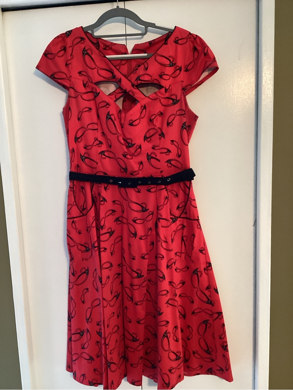 Voodoo Vixen Red Dress with Black Print and Black Belt